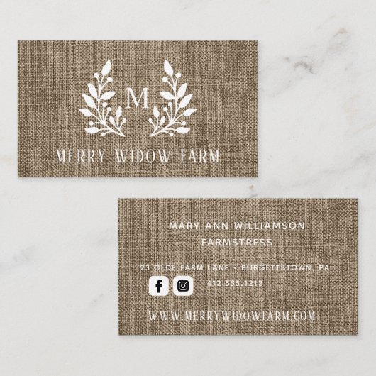 Rustic Burlap Laurel Monogrammed Visitekaartje (Voorkant / Achterkant)