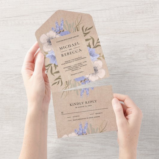 Rustic Burlap Lavender Floral Bouquet Wedding All In One Uitnodiging (Afscheurbaar)