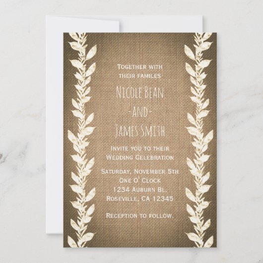 Rustic Burlap & Leaves Wedding Invitations Kaart (Voorkant)