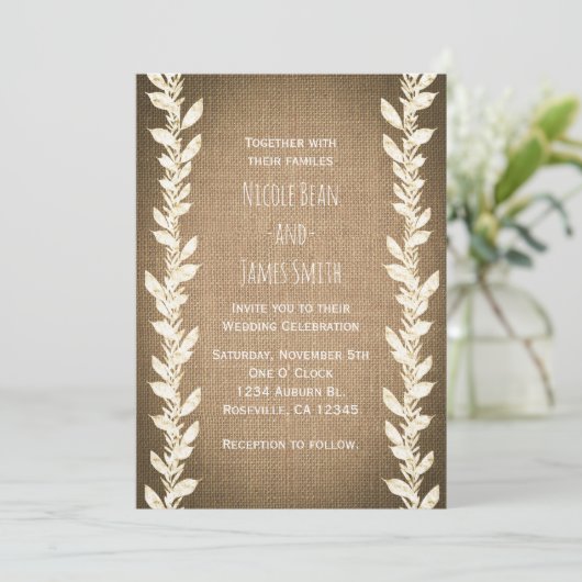 Rustic Burlap & Leaves Wedding Invitations Kaart (Staand voorkant)