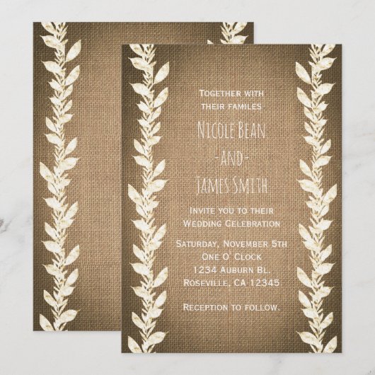 Rustic Burlap & Leaves Wedding Invitations Kaart (Voorkant / Achterkant)