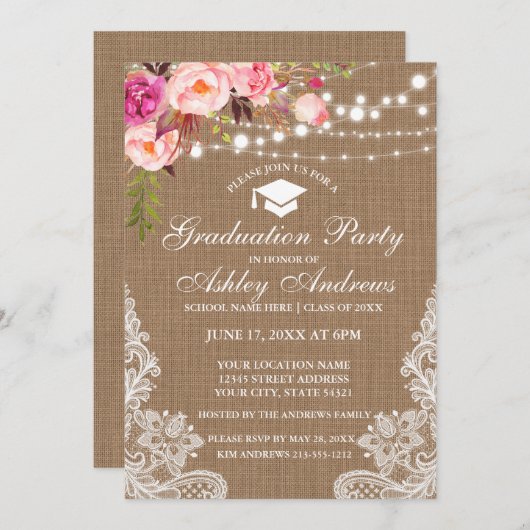 Rustic Burlap Licht Roze Afstuderen uitnodigen Kaart (Voorkant / Achterkant)