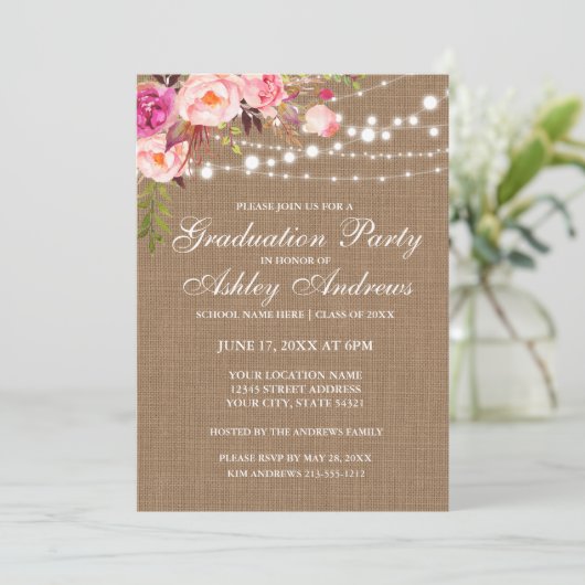Rustic Burlap Licht Roze GraduPartij nodigt uit Kaart (Staand voorkant)