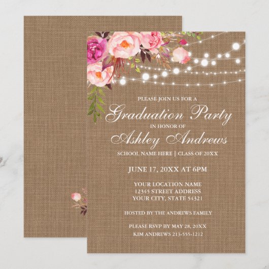 Rustic Burlap Licht Roze GraduPartij nodigt uit Kaart (Voorkant / Achterkant)