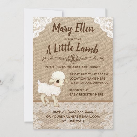 Rustic Burlap Little Lamb Baby shower Invitation Kaart (Voorkant)