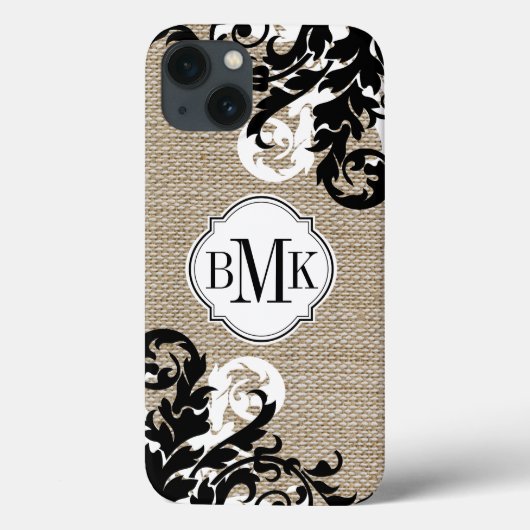 Rustic Burlap look en Flourish Monogram Case-Mate iPhone Case (Achterkant)