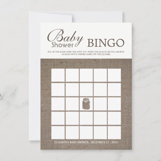 Rustic Burlap Mason Jar Baby shower Bingo Kaart (Voorkant)
