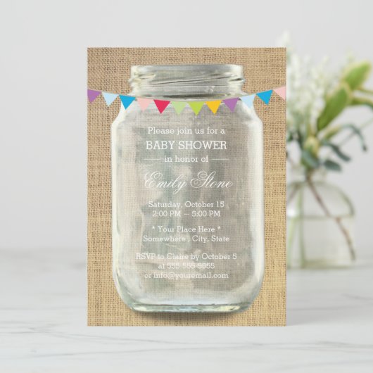 Rustic Burlap Mason Jar Baby shower Kaart (Staand voorkant)