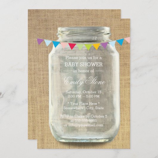 Rustic Burlap Mason Jar Baby shower Kaart (Voorkant / Achterkant)