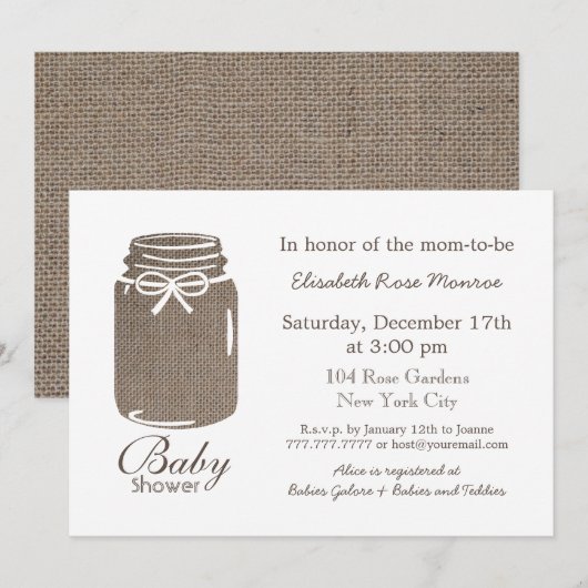 Rustic Burlap Mason Jar Baby shower Kaart (Voorkant / Achterkant)