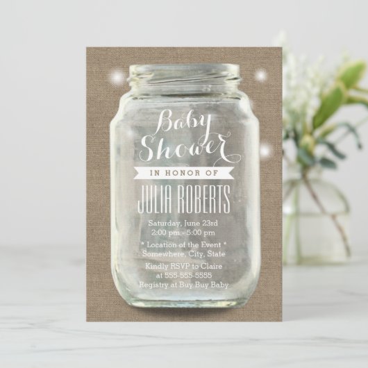 Rustic Burlap Mason Jar Baby shower Kaart (Staand voorkant)