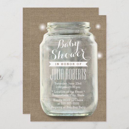Rustic Burlap Mason Jar Baby shower Kaart (Voorkant / Achterkant)