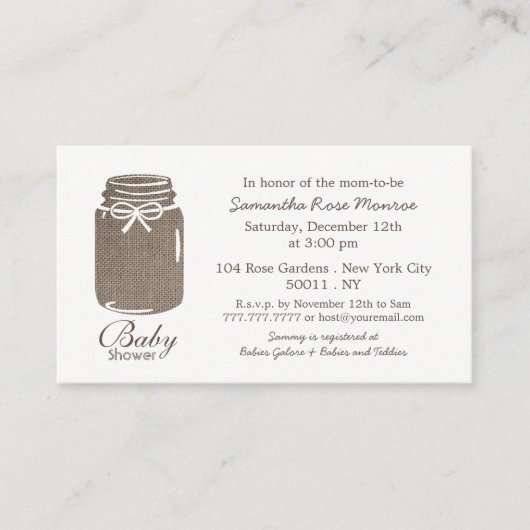 Rustic Burlap, Mason Jar Baby shower Ticket Invite Informatiekaartje (Voorkant)