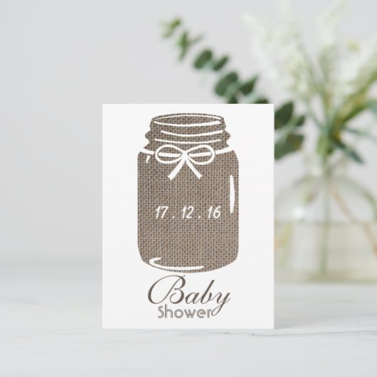 Rustic Burlap Mason Jar Baby shower Uitnodiging Briefkaart (Staand voorkant)