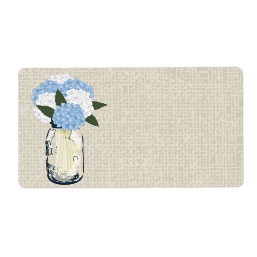 Rustic Burlap Mason Jar Blue Hydrangeas Etiket (Voorkant)