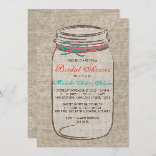 Rustic Burlap Mason Jar Bridal Shower Kaart (Voorkant / Achterkant)