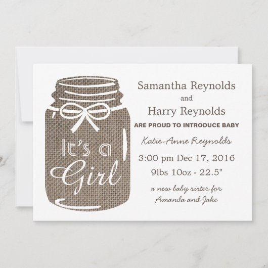 Rustic Burlap Mason Jar New Baby Girl Aankondiging (Voorkant)