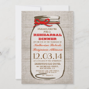 Rustic Burlap Mason Jar Rehearsal Dinner Kaart