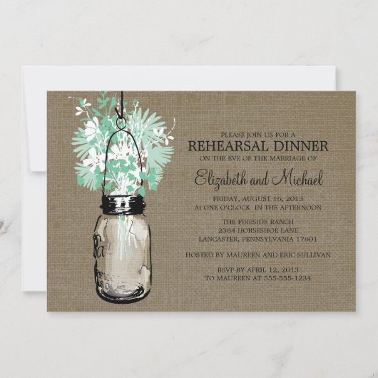 Rustic Burlap Mason Jar Rehearsal Dinner Kaart (Voorkant)