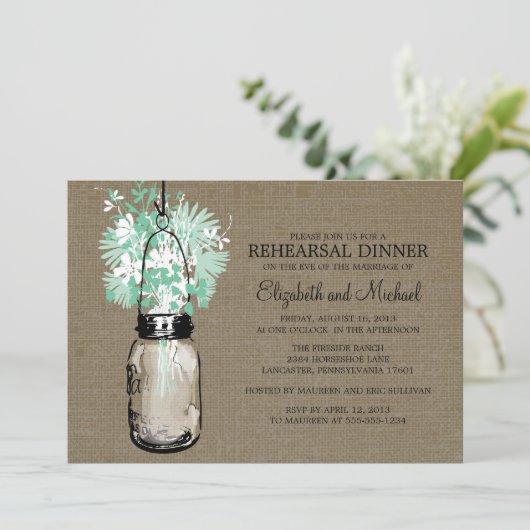 Rustic Burlap Mason Jar Rehearsal Dinner Kaart (Staand voorkant)