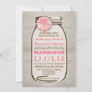 Rustic burlap mason jar roze gerbera bruiloft kaart