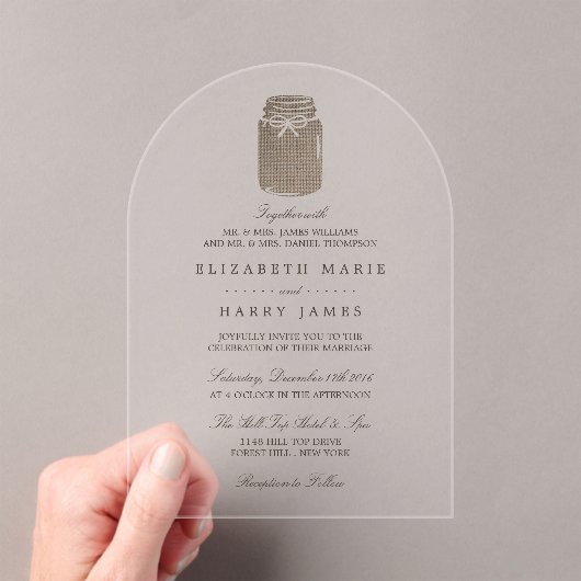 Rustic Burlap Mason Jar Wedding Acryl Uitnodigingen (Insitu (Draagbaar))