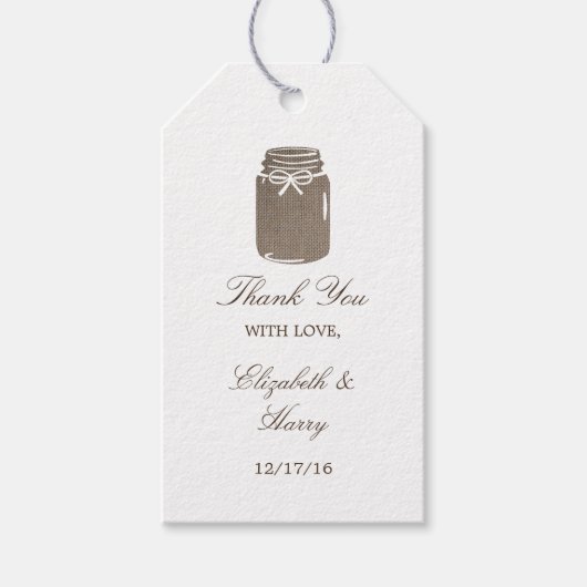 Rustic Burlap Mason Jar Wedding Cadeaulabel (Voorkant)