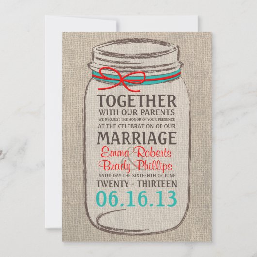Rustic Burlap & Mason Jar Wedding Invitation Kaart (Voorkant)