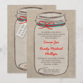 Rustic Burlap & Mason Jar Wedding Invitation Kaart (Voorkant / Achterkant)