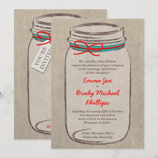 Rustic Burlap & Mason Jar Wedding Invitation Kaart (Voorkant / Achterkant)