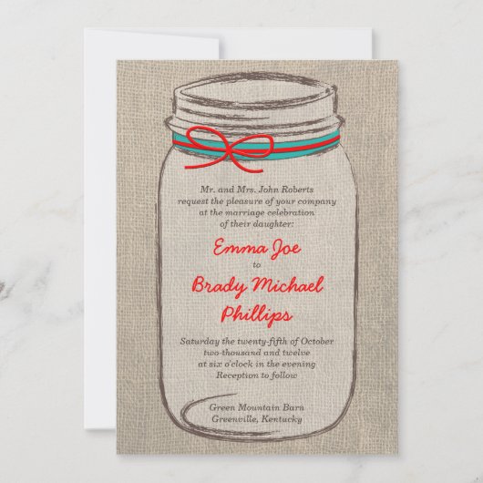 Rustic Burlap & Mason Jar Wedding Invitation Kaart (Voorkant)