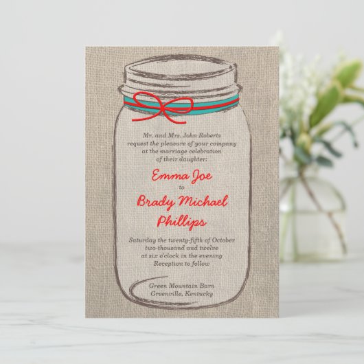 Rustic Burlap & Mason Jar Wedding Invitation Kaart (Staand voorkant)
