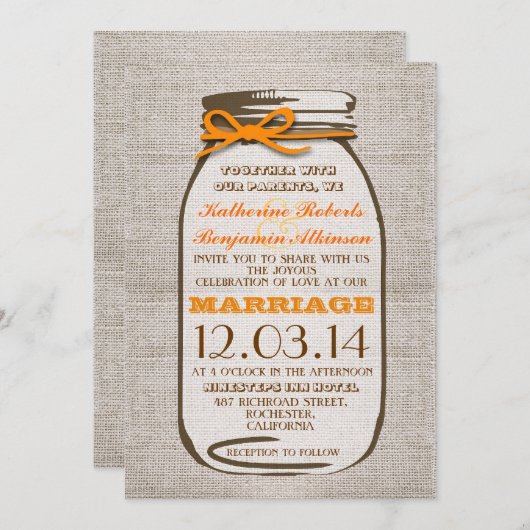 Rustic Burlap Mason Jar Wedding Kaart (Voorkant / Achterkant)