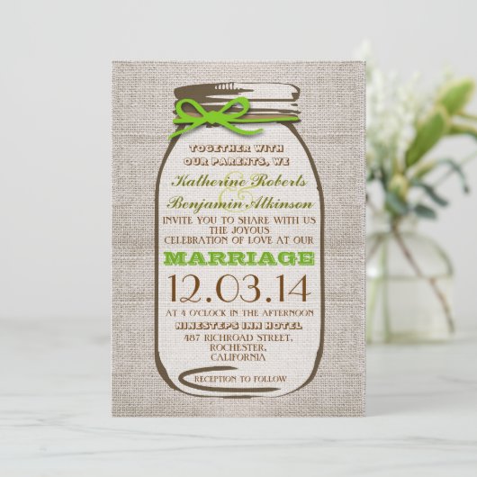 Rustic Burlap Mason Jar Wedding Kaart (Staand voorkant)