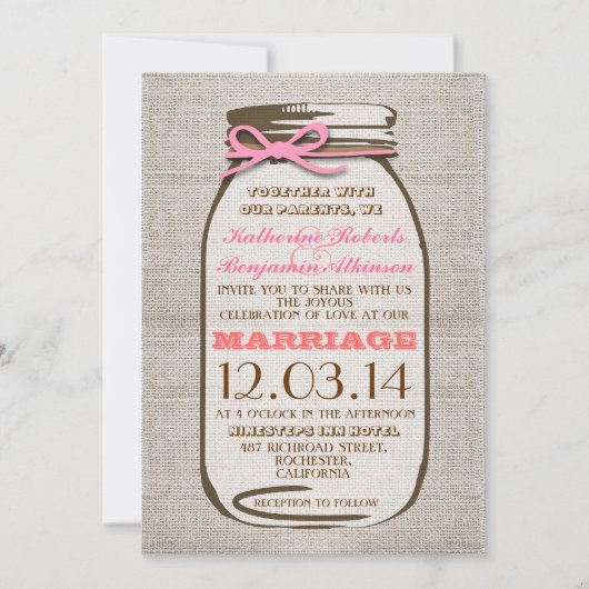 Rustic Burlap Mason Jar Wedding Kaart (Voorkant)