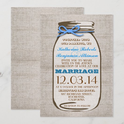 Rustic Burlap Mason Jar Wedding Kaart (Voorkant / Achterkant)