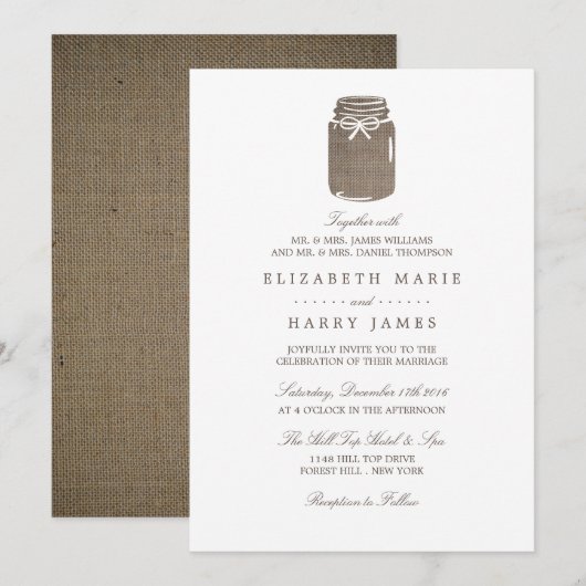 Rustic Burlap Mason Jar Wedding Kaart (Voorkant / Achterkant)