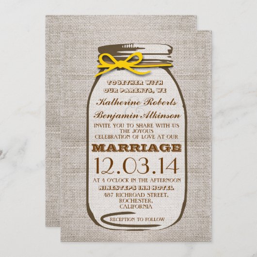 Rustic Burlap Mason Jar Wedding Kaart (Voorkant / Achterkant)
