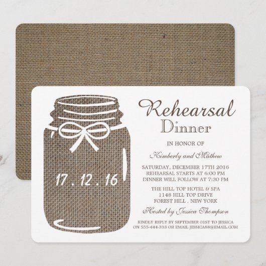 Rustic Burlap Mason Jar Wedding Rehearsal Dinner Kaart (Voorkant / Achterkant)