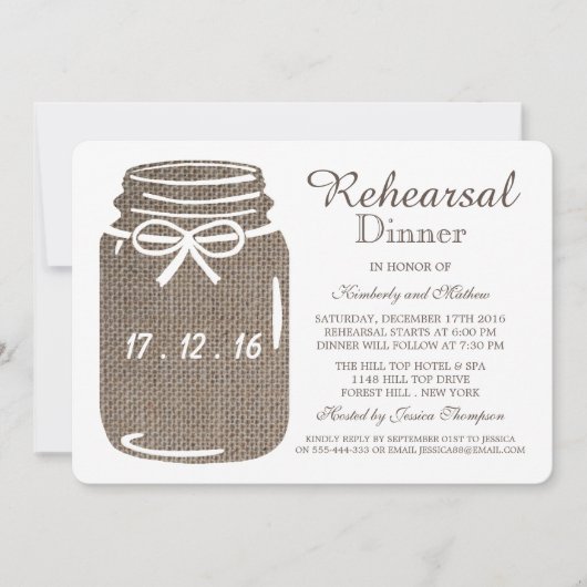 Rustic Burlap Mason Jar Wedding Rehearsal Dinner Kaart (Voorkant)