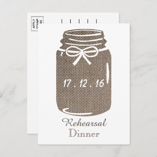 Rustic Burlap Mason Jar Wedding Rehearsal Dinner Uitnodiging Briefkaart (Voorkant / Achterkant)