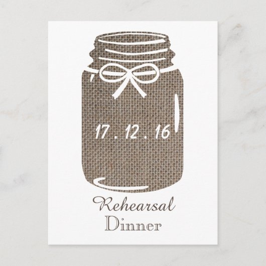 Rustic Burlap Mason Jar Wedding Rehearsal Dinner Uitnodiging Briefkaart (Voorkant)