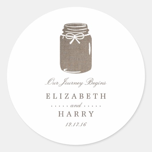 Rustic Burlap Mason Jar Wedding Ronde Sticker (Voorkant)