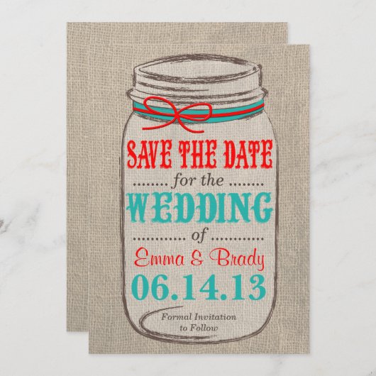 Rustic Burlap & Mason Jar Wedding Save the Date (Voorkant / Achterkant)