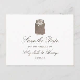 Rustic Burlap Mason Jar Wedding Save the Date Aankondigingskaart