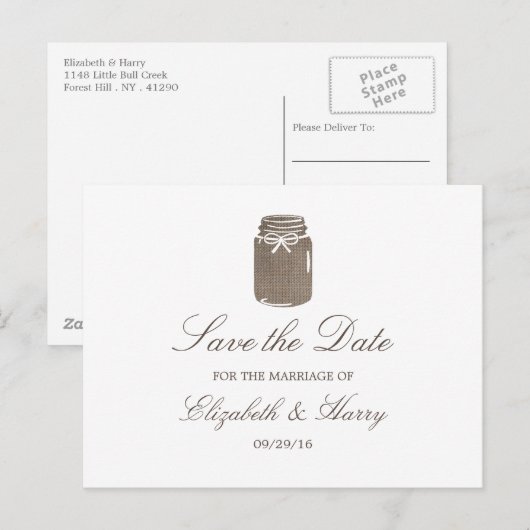 Rustic Burlap Mason Jar Wedding Save the Date Aankondigingskaart (Voorkant / Achterkant)