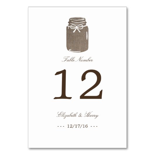 Rustic Burlap Mason Jar Wedding Table Number Kaart (Voorkant)