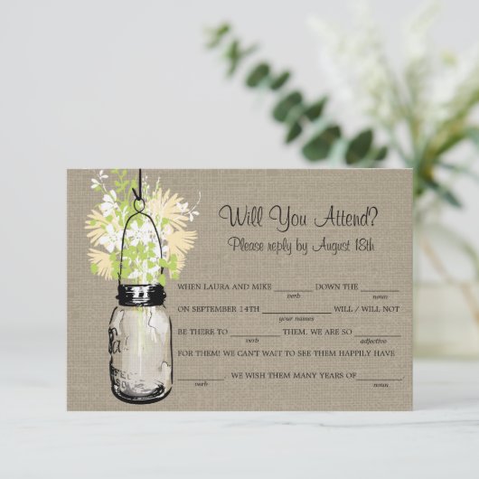 Rustic Burlap Mason Jar Wildbloemen LIB RSVP (Staand voorkant)