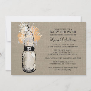Rustic Burlap Mason Jar Wildflower Baby shower Kaart