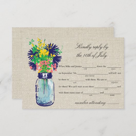 Rustic Burlap Mason Jar & Wildflower RSVP Lib (Voorkant / Achterkant)
